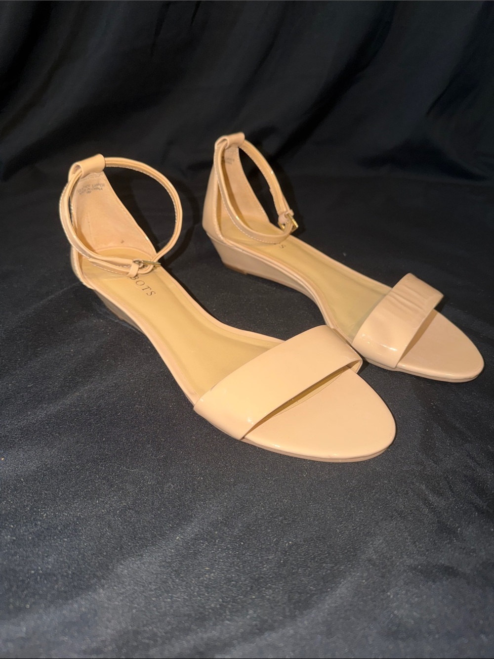 Talbots Beige Patent Ankle-Strap Low Wedge Sandals
